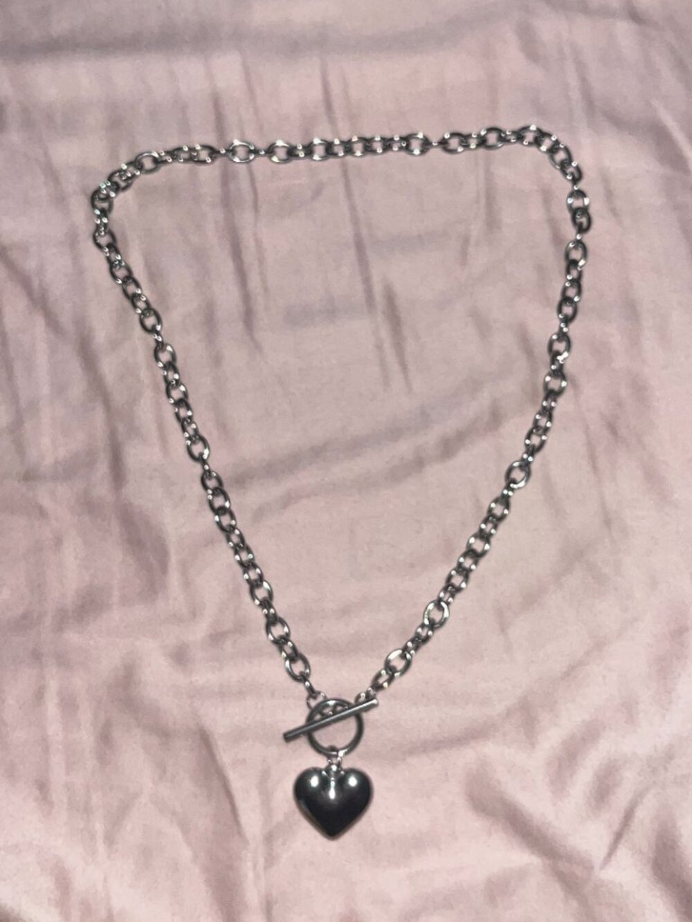Silver Tone Chunky Chain Heart Pendant Toggle Necklace
